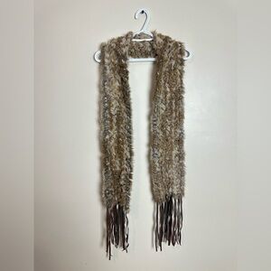 Memar Italy Real Rabbit Fur Scarf OS Cream Brown Fringe Luxury Winter Wrap